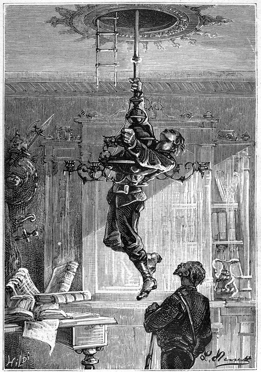 Tegning af Leon Benett, fra Jules Vernes bog "The 500 million of the Begum" - edition Hetzel/Extraordinary Voyages 1879. "... Han var ikke blevet hængt op i kandelaberen, før han til sin store overraskelse så ham falde under sin hånd. Loftet af Léon Benett