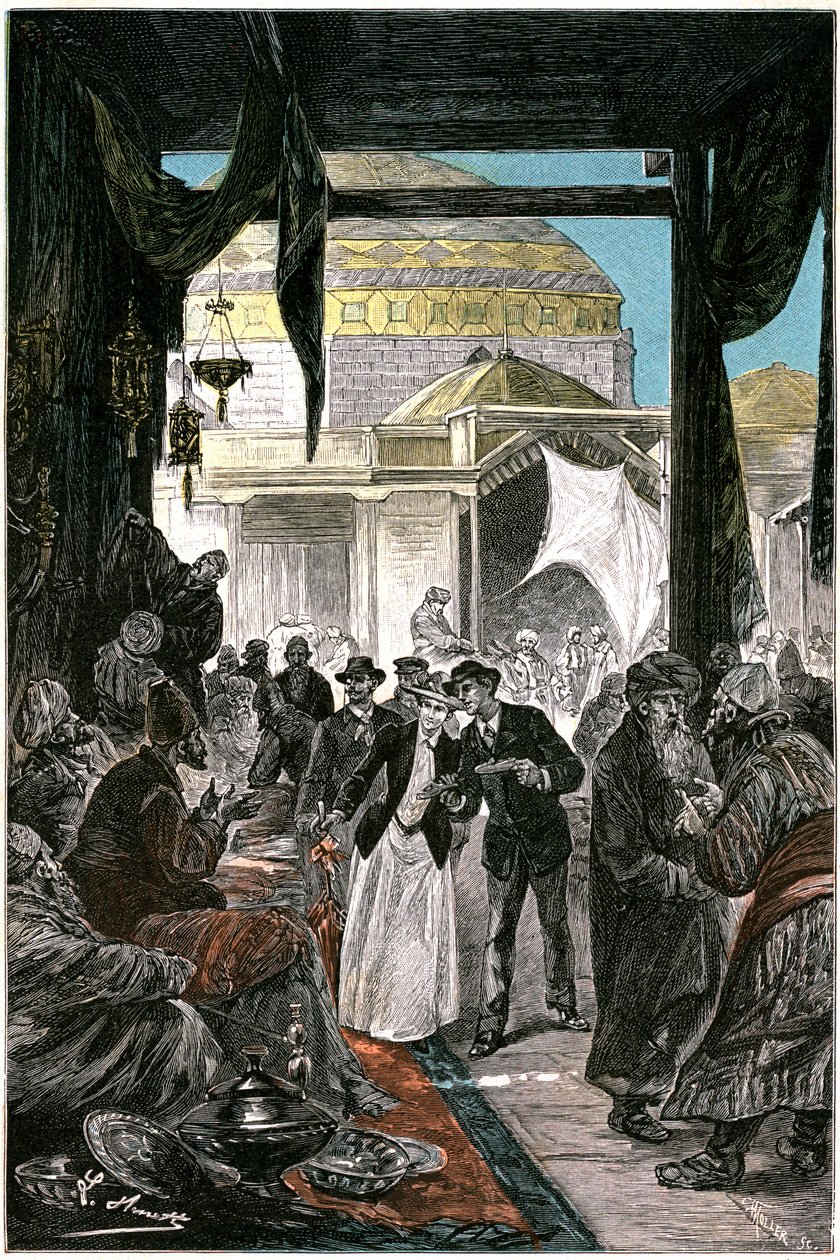 Basaren i Samarkande (nu Samarkand eller Samarqand i Usbekistan), illustration af romanen af Jules Verne "Claudius Bombarnac" udgave Hetzel 1892 - Tegning af Leon Benett (Hippolyte Leon Benet af Léon Benett