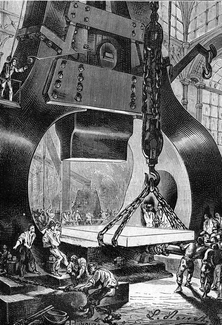 tegning af Leon Benett, fra Jules Vernes bog "The 500 million of the Begum" - udgave Hetzel/Extraordinary Voyages 1879. hammertrommeslager (trommeslager) på arbejde i et stålstøberi. af Léon Benett