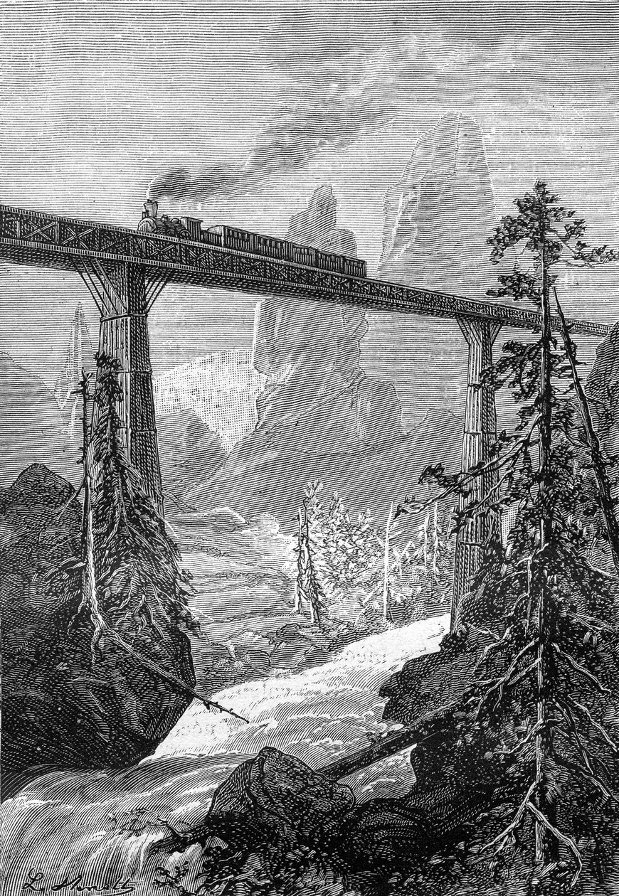 Tegning af Leon Benett, fra Jules Vernes bog "The 500 million of the Begum" - udgave Hetzel/Extraordinary Voyages 1879. Damptog passerer over en fed bro i et bjerglandskab med vandløb. af Léon Benett
