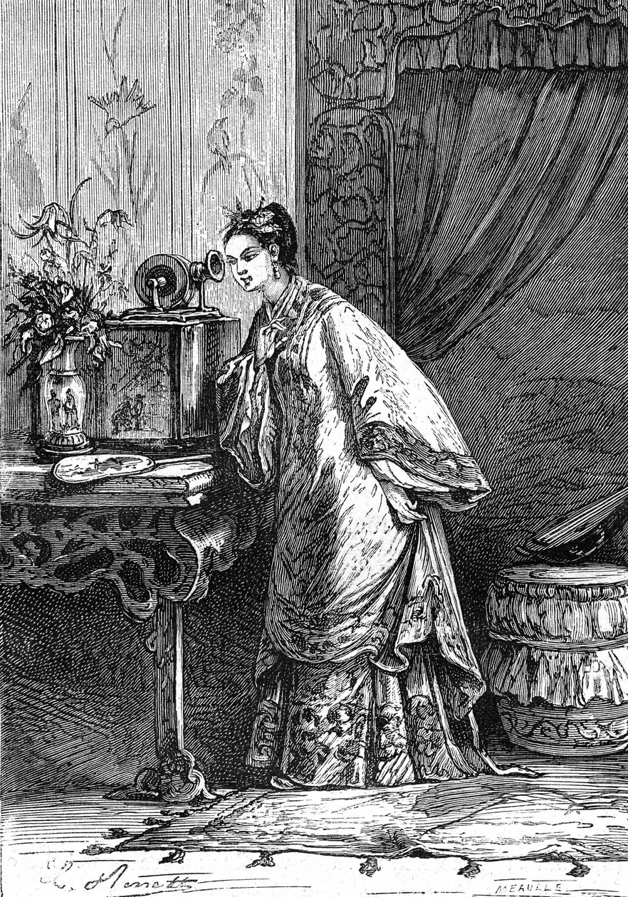 Tegning af Leon Benett, fra Jules Vernes bog "En kinesers trængsler i Kina" - Hetzel-udgaven/Extraordinary Voyages 1879. En ung kinesisk pige lytter til en indspillet besked på en fonograf. af Léon Benett