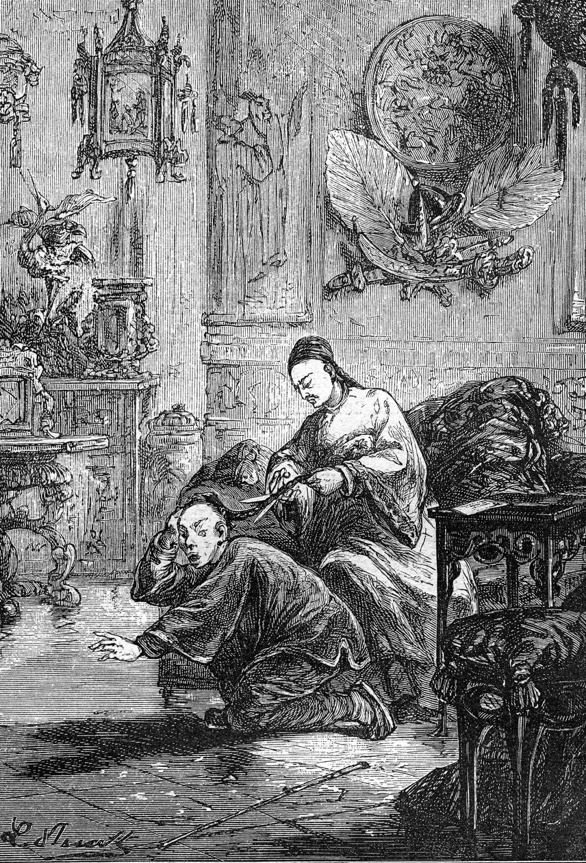 Tegning af Leon Benett, fra Jules Vernes bog "The Tribulations of a Chinese in China" - Hetzel edition/Extraordinary Voyages 1879. af Léon Benett