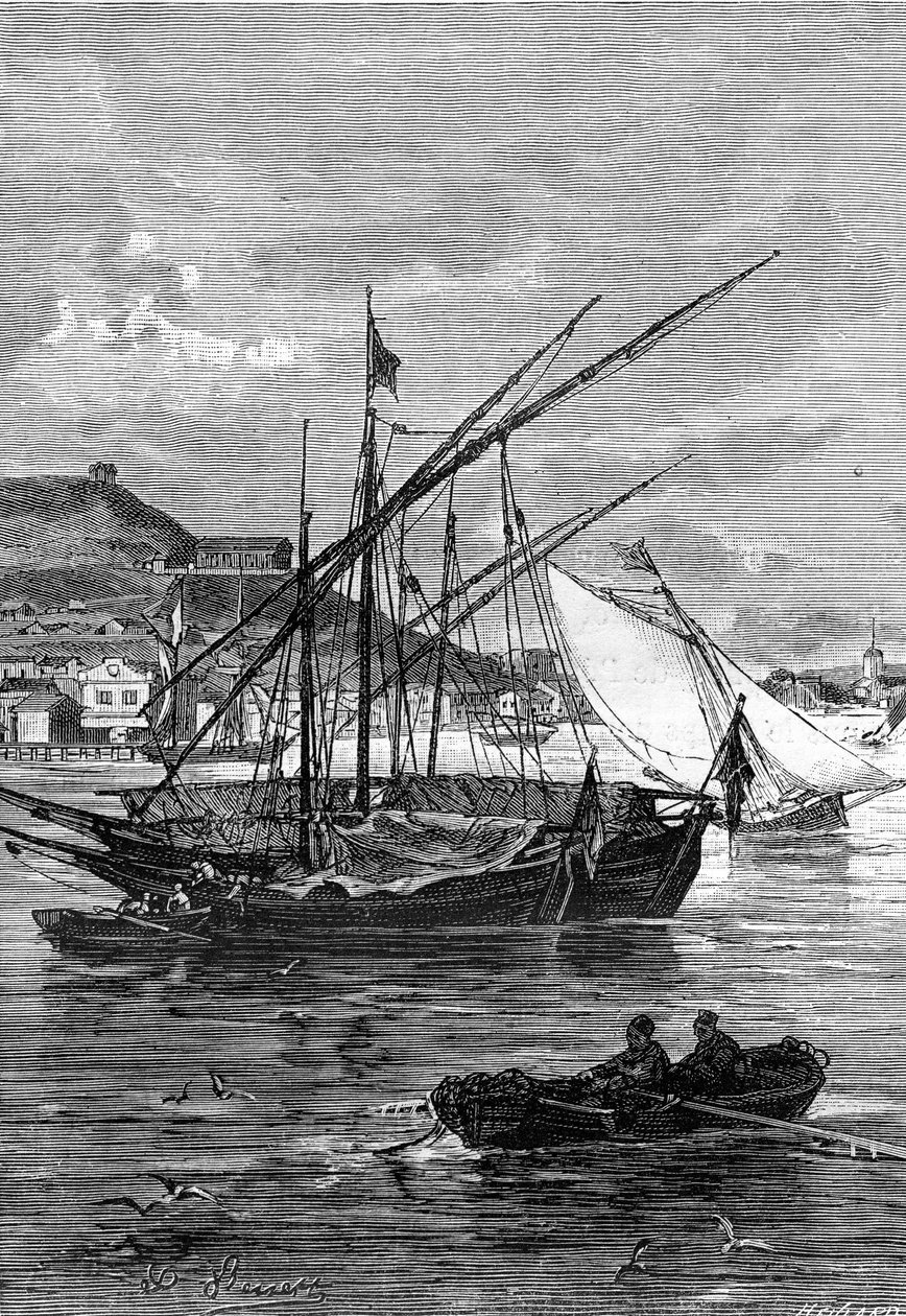 Illustration af Jules Vernes roman "Keraban den stædige", Hetzel collection/extraordinary voyages 1883. Tegning af Leon Benett: havnen i Kertsch (Krim) ved Iénikale-strædet mellem Sortehavet og Azof-havet. af Léon Benett