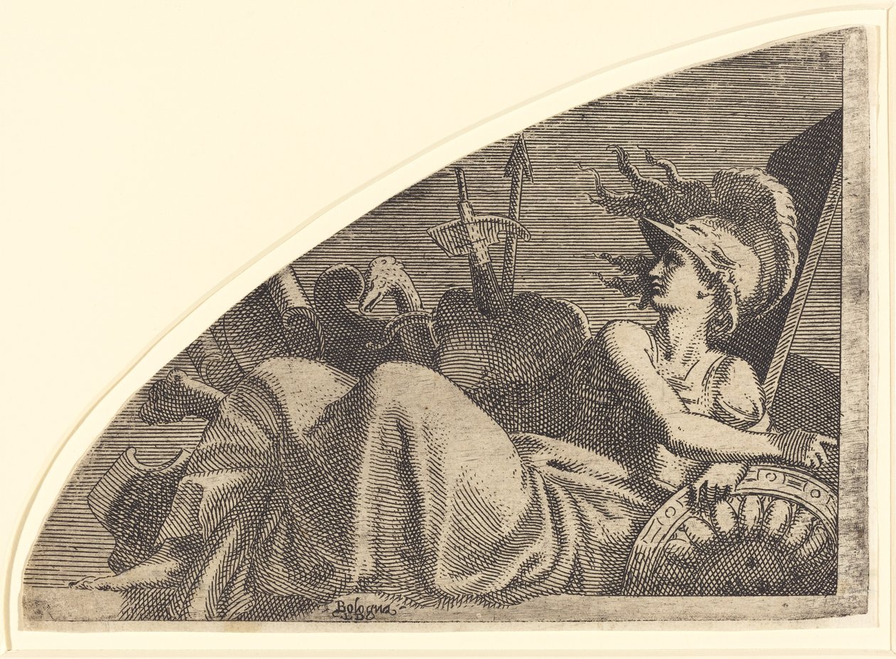 Bellona sidder på sine trofæer af Léon Davent after Francesco Primaticcio
