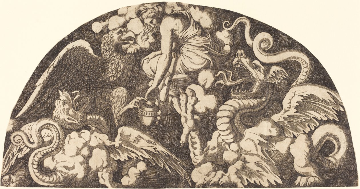 Jupiter bringer Styxens vand til Psyche af Léon Davent after Giulio Romano