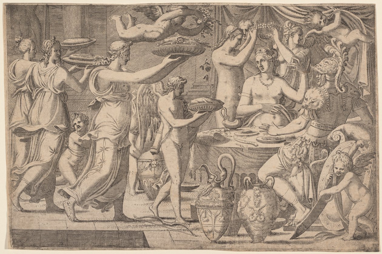 Venus og Mars betjent af Amor og de tre nåder af Léon Davent, after Luca Penni