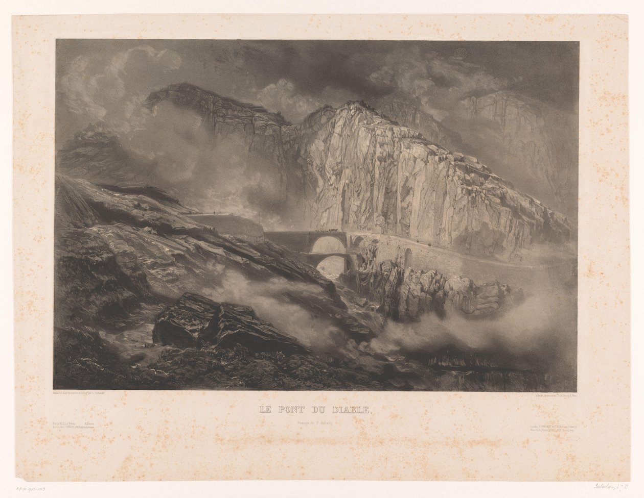 Udsigt over Djævlebroen i Gotthardpasset Le Pont du Diable, passage du St. Gothard (titel på objekt) af Léon Jean Baptiste Sabatier