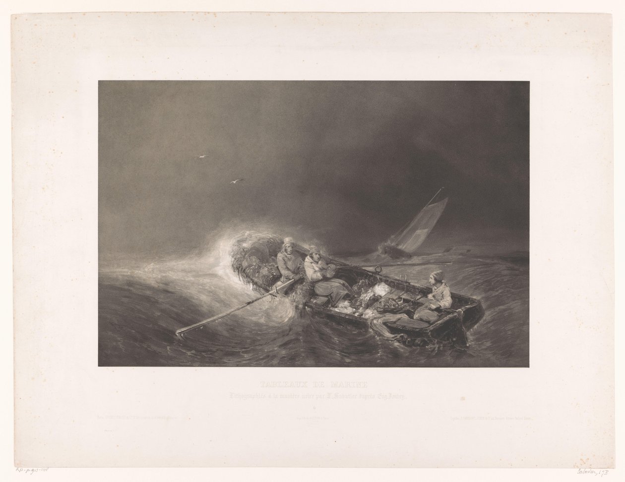 Vissers in een roeiboot op zee Marine gezichten (serietitel) Marine malerier. Litograferet i mezzotint af L. Sabatier efter Eug. Isabey (serietitel på objekt) af Léon Jean Baptiste Sabatier