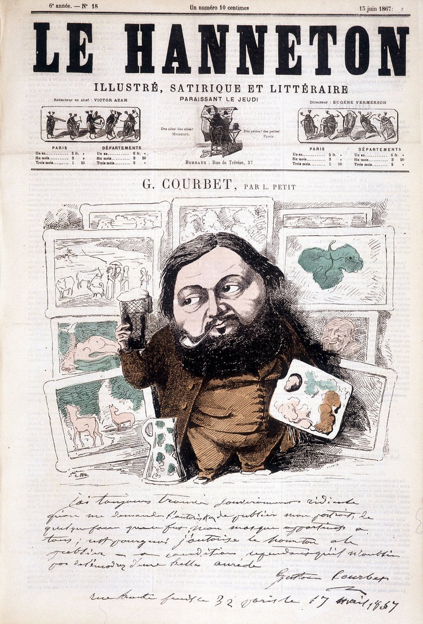 Portræt af Gustave Courbet, fransk maler (1819-1877). I Le hanneton af Léonce Justin Alexandre Petit