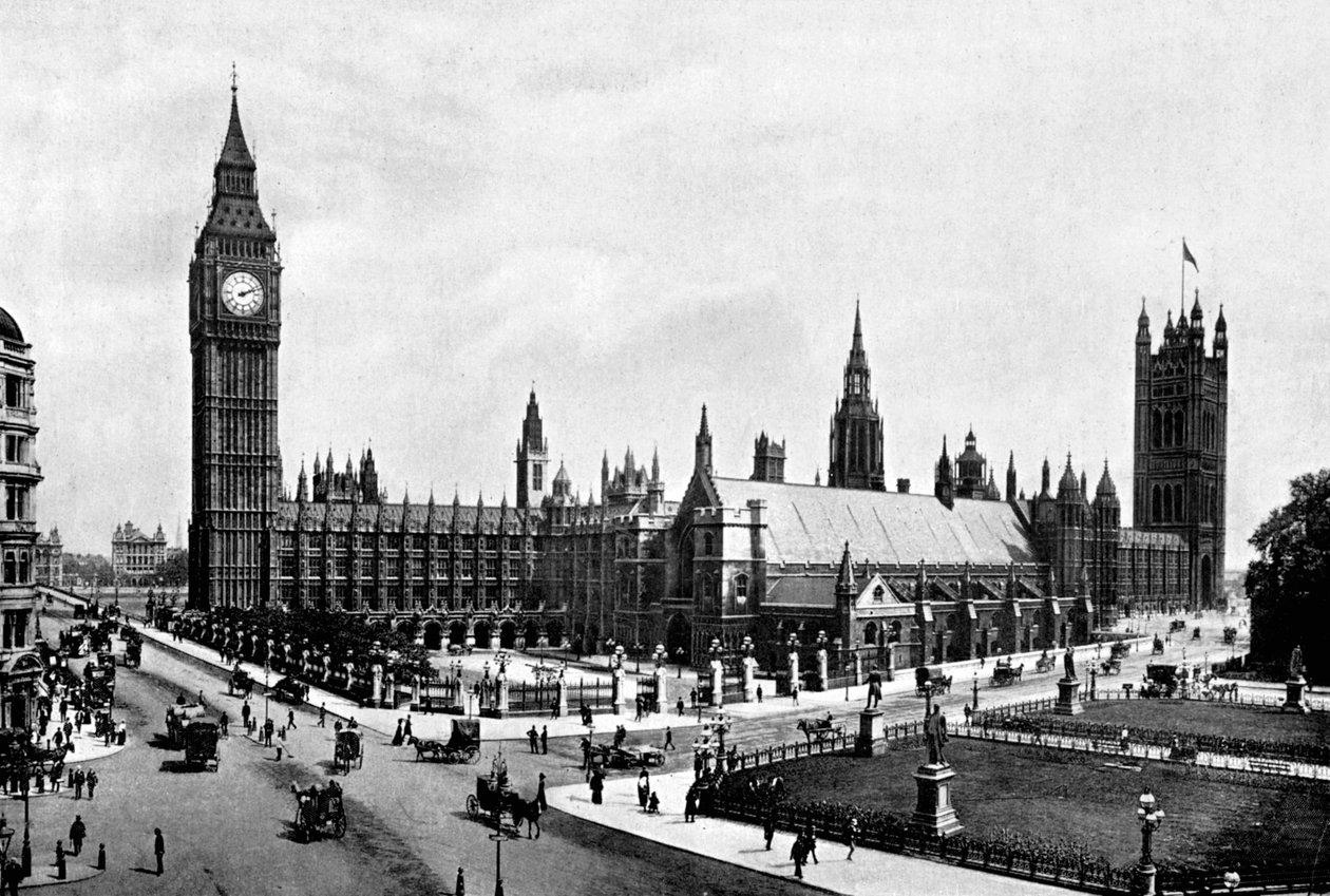 Houses of Parliament og Westminster Hall set fra Parliament Square, London, c1905. af London Stereoscopic and Photographic Co