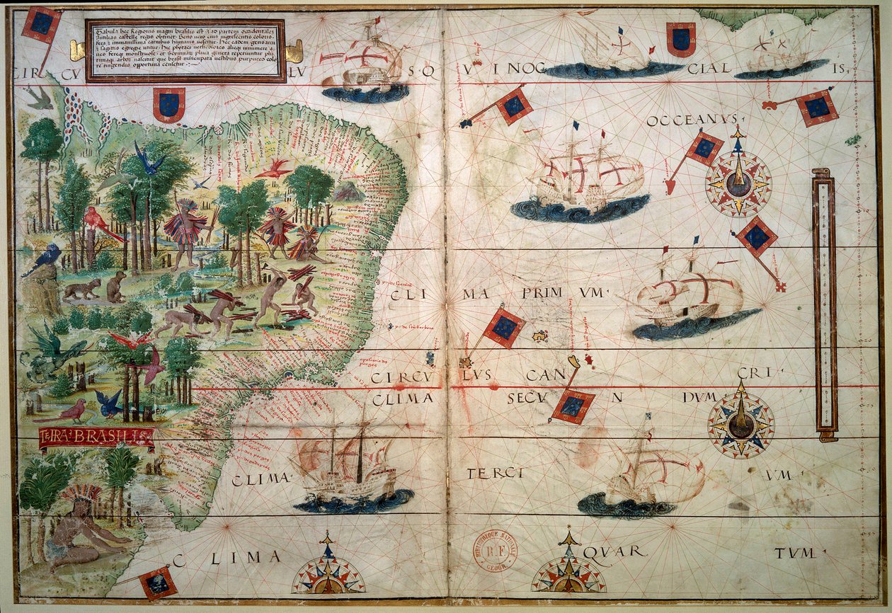 Hydrografisk kort over Brasilien - Manuskript belyst "" Portugisisk Nautisk Atlas"" af kartograf Loppo Homem 1519 Paris. B.N. - Hydrografisk kort over Brasilien - Fra det illuminerede manuskript "" English nautical Atlas"" af Loppo Homem (1500-tallet) af Lopo Homem