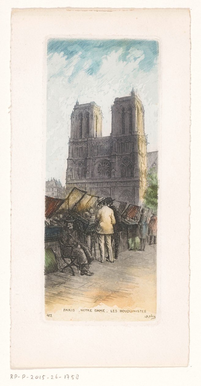 Udsigt over Notre-Dame i Paris med boghandlere i forgrunden Paris Notre Dame les bouquinistes (titel på objektet) af Léopold Robin