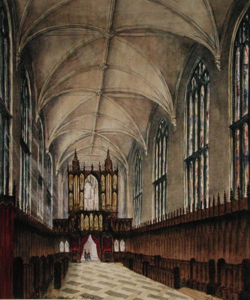Interiør af New College kapel efter senere ændringer fra det 18. århundrede, ca. 1870 (akvarel på papir) af Loraine Salome Estridge