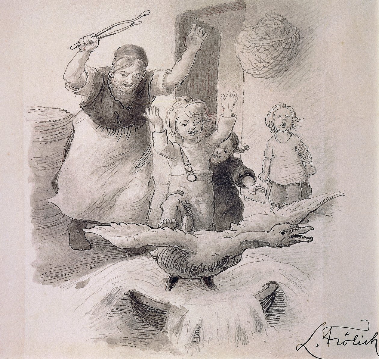 Grimme ælling, illustration af Lorenz Frolich (1820-1908) til eventyr af HC Andersen (1805-1875). af Lorens Frolich