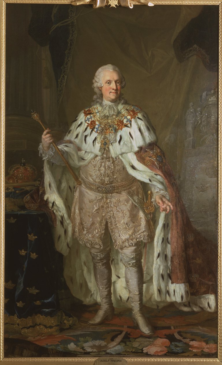 Adolphe Frederic de Suede - Portræt af Adolph Frederick (1710-1771), konge af Sverige, af Pasch, Lorenz, den yngre (1733-1805). Olie på lærred. Mål: 237x143 cm. Nationalmuseum Stockholm af Lorens the Younger Pasch