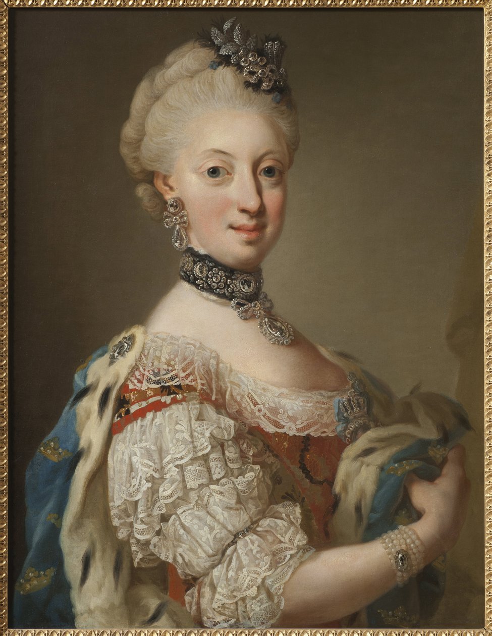 Sophie Madeleine de Danemark, reine de Suede - Portræt af Sophia Magdalena af Danmark (1746-1813), dronning af Sverige, af Pasch, Lorenz, den yngre (1733-1805). Olie på lærred af Lorens the Younger Pasch