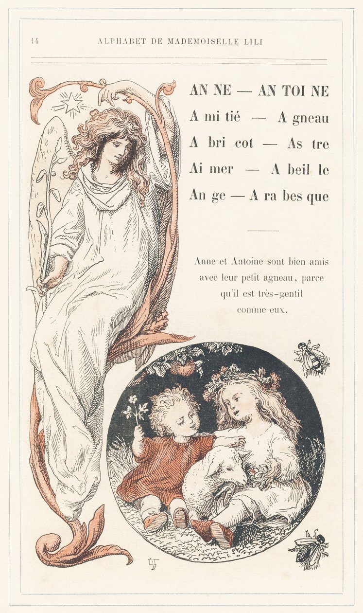 Anne, Antoine, Venskab, Lam, Abrikos, Stjerne, Kærlighed, Bi, Engel, Arabeske, side 14 - Alfabet af Mademoiselle Lili, af L. Froelich og af en far (Hetzel selv). Bibliotheque  Magasin d