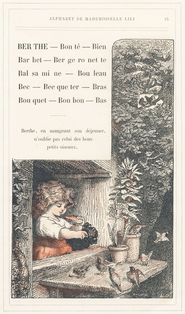 Berthe, Bonte, Well, Barbet, Bergeronnette, Balsamine, Birch, Beak, Becqueter, Arm, Bouquet, Candy, Bottom, side 15 - Alfabet af Mademoiselle Lili, af L. Froelich og af en far (Hetzel selv). Bibliotheque  Magasin d