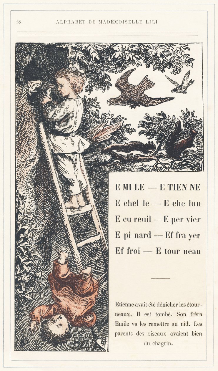 Emile, Etienne, Echelle, Echelon, Squirrel, Sparrow, Epinard, Scarer, Farry, Stourneau, side 18 - Alfabet af Mademoiselle Lili, af L. Froelich og af en far (Hetzel selv). Bibliotheque  Magasin d