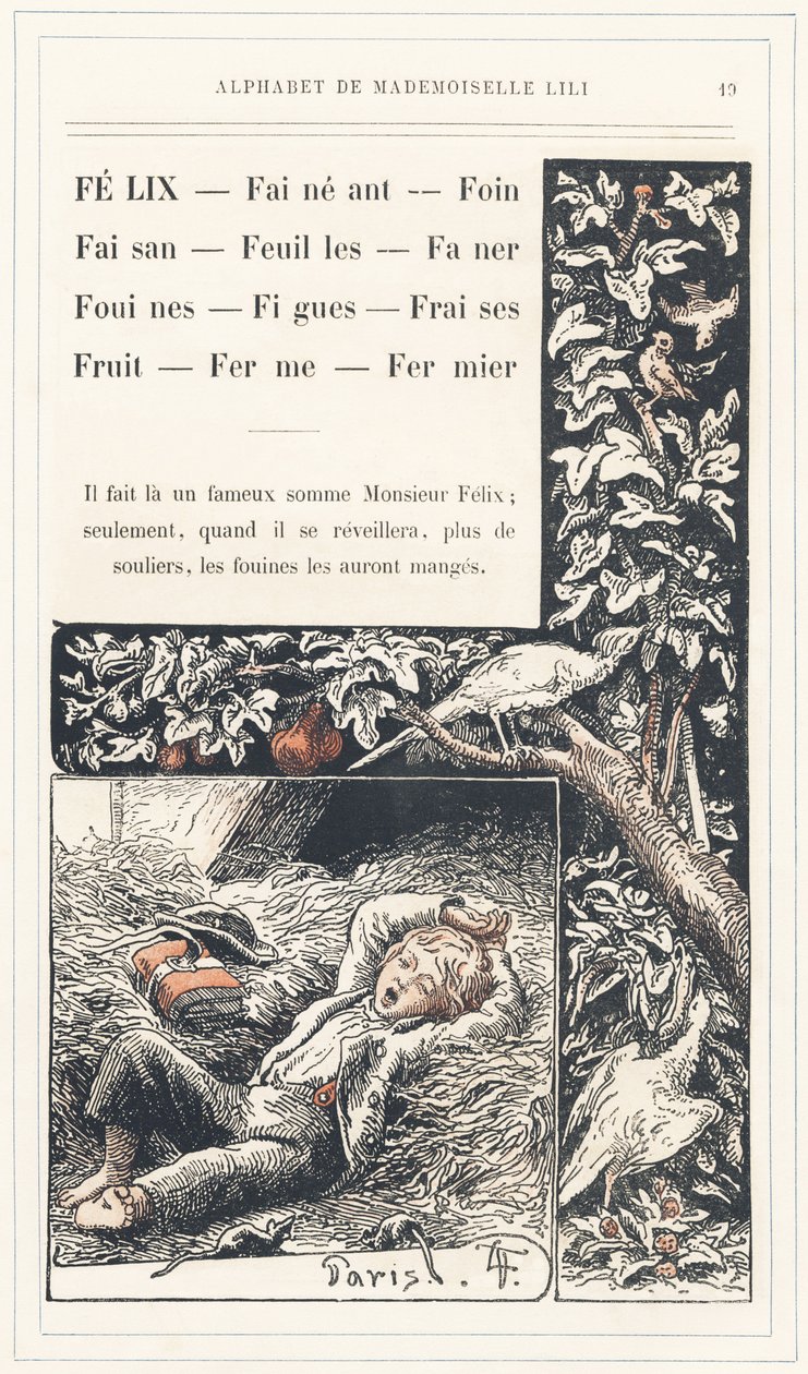 Felix, Lay, Hay, Pheasant, Leaves, Faner, Weasels, Figs, Strawberries, Fruit, Farm, Farmer, side 19 - Alfabet af Mademoiselle Lili, af L. Froelich og af en far (Hetzel selv). Bibliotheque  Magasin d