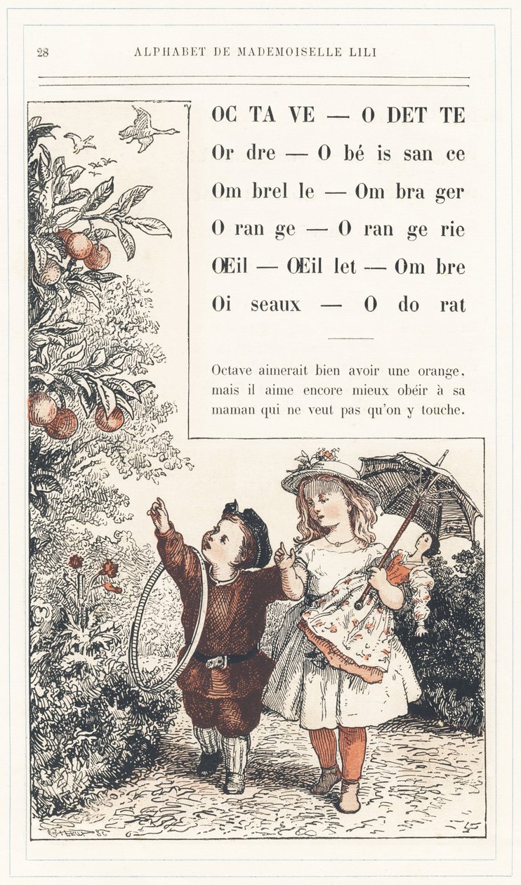 Octave, Odette, Order, Obedience, Umbrella, Shadow, Orange, Orangerie, Eye, Carnation, Shadow, Birds, Smell, side 28 - Alphabet of Mademoiselle Lili, af L. Froelich og af en far (Hetzel selv). Bibliotheque  Magasin d