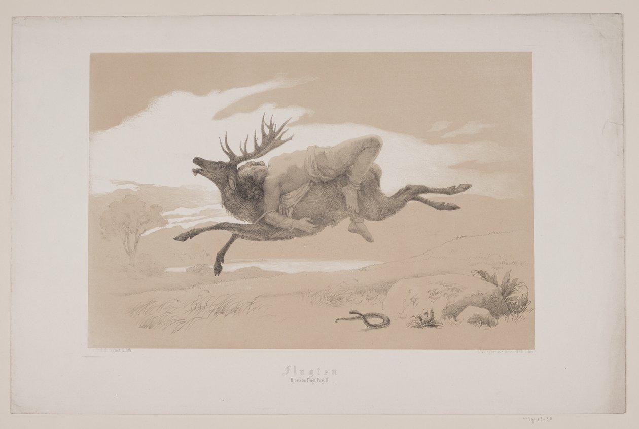 Flugten, pag. 11, illustration til Christian Winthers "Hjortens Flugt" af Lorenz Frølich