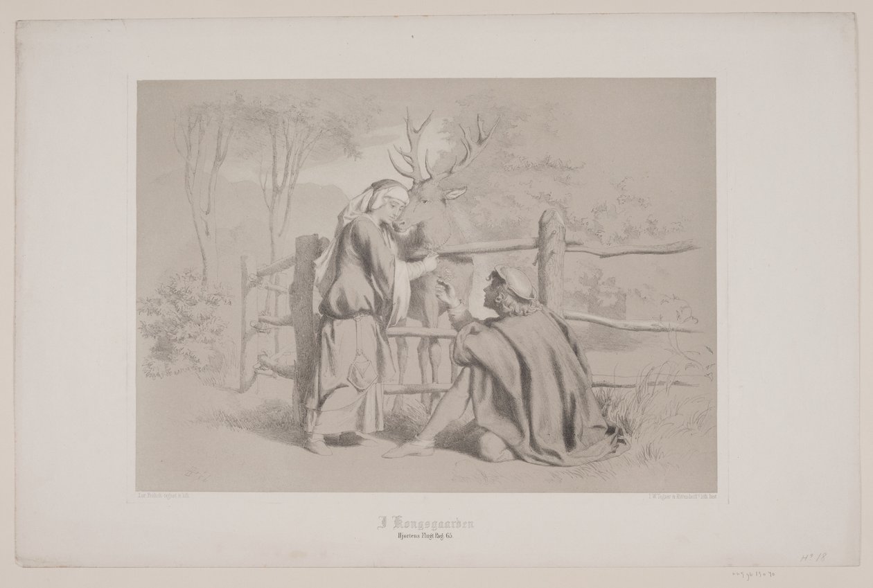 I Kongsgården, pag. 65, illustration til Christian Winthers "Hjortens Flugt" af Lorenz Frølich