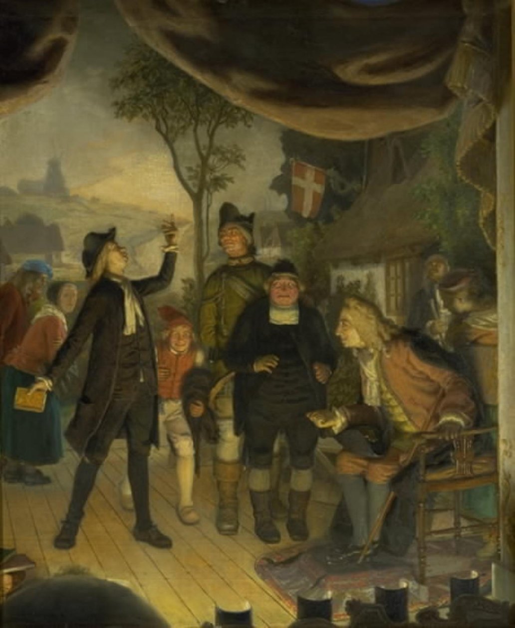 Ludvig Holberg overværer et genhør af hans skuespil Erasmus Montanus, akt IV, scene 2 af Lorenz Frølich