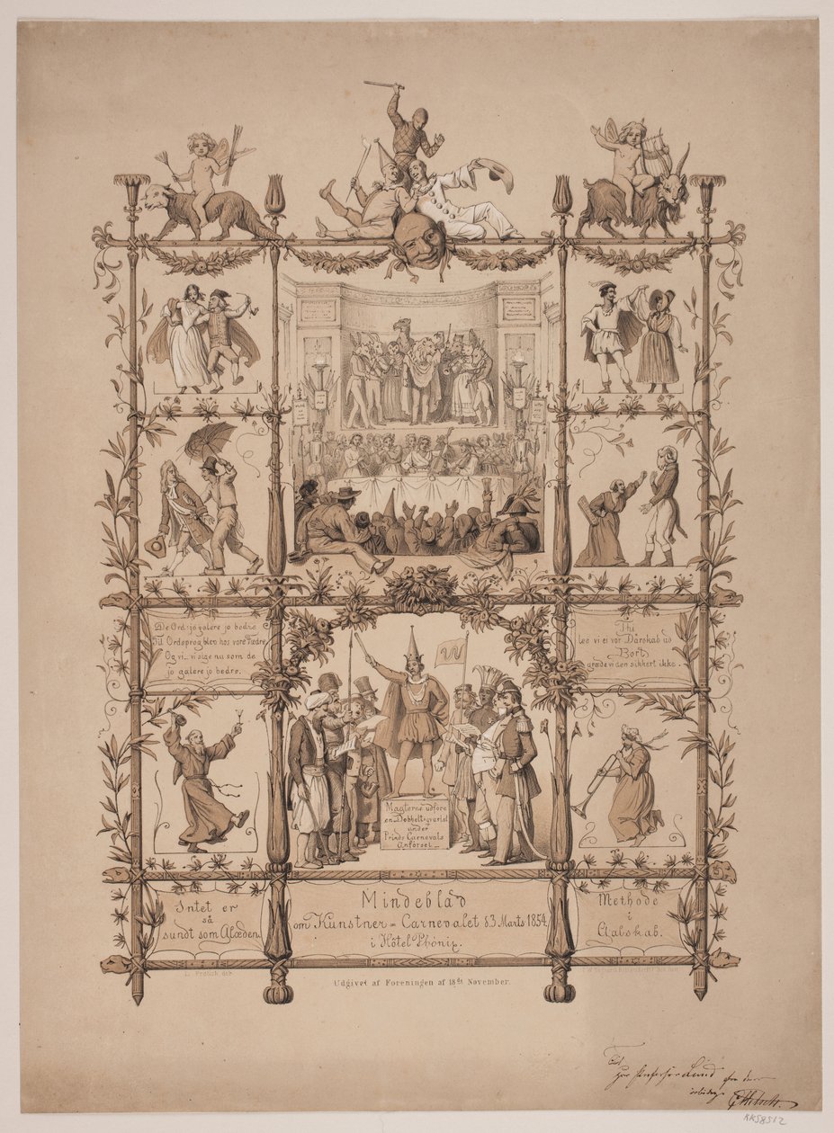 Mindeblad om kunstnerkarnevalet d. 3. marts 1854 af Lorenz Frølich