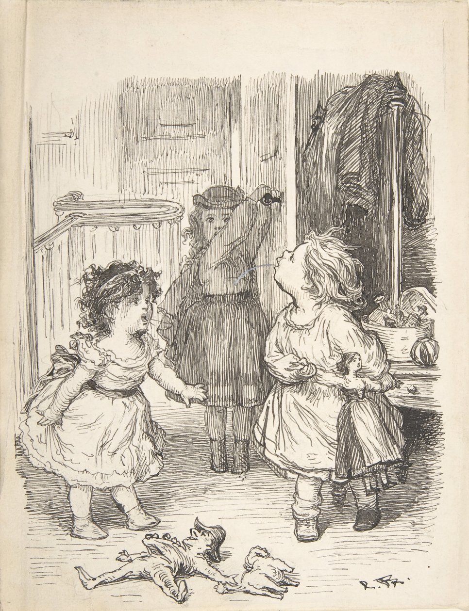 Tre små piger i et rum skændes og spytter, 1835-1903. af Lorenz Frølich