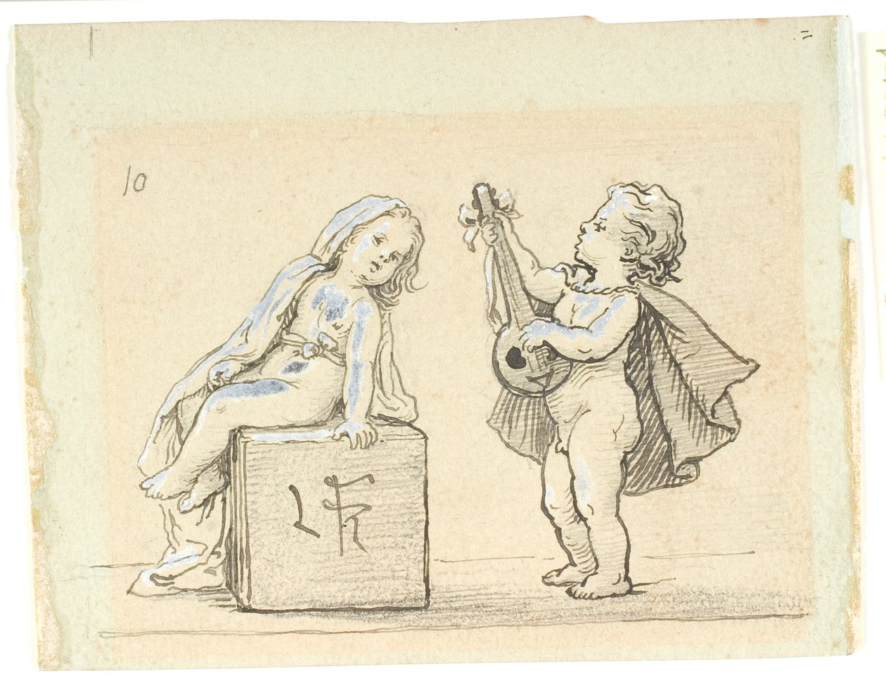 Vignet med dreng, der spiller mandolin for en pige af Lorenz Frølich
