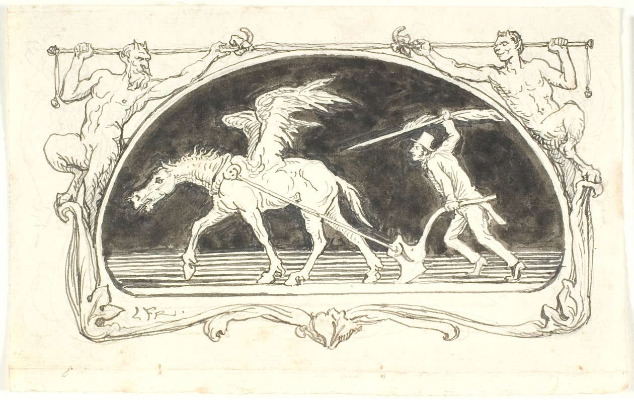 Vignet med en udslidt Pegasus for en plov, der drives frem af en mand med høj hat, bevæbnet med en stor pen af Lorenz Frølich