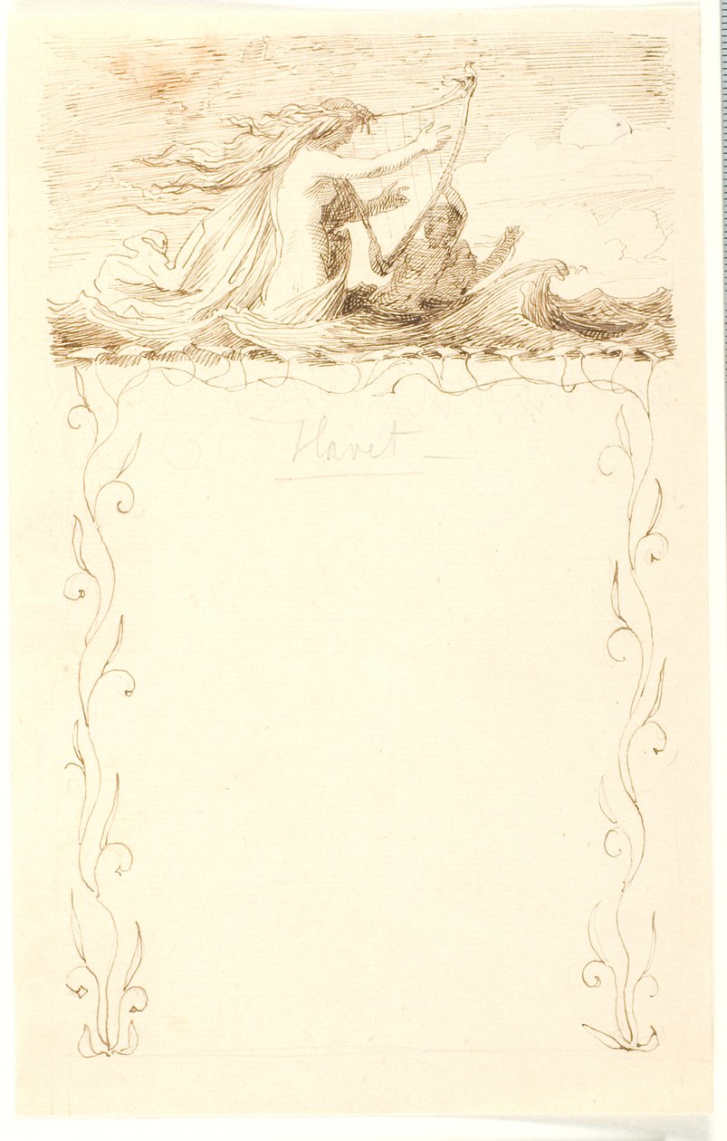 Vignet med harpespillende havfrue; herunder ornamentindramning af Lorenz Frølich