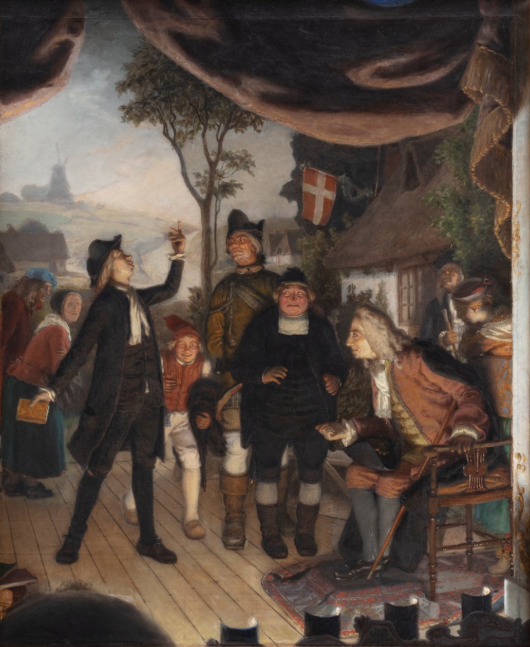 Ludvig Holberg overværer et genhør af hans skuespil Erasmus Montanus, akt IV, scene 2 af Lorenz Frølich