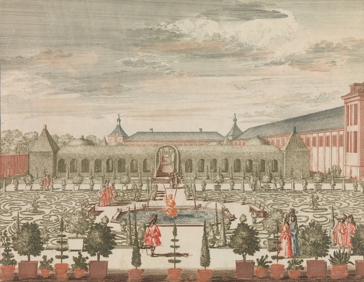 Dronningens Have med Grønt Kabinet og Orangeriet, set bagfra, i: Til..., n.d.. af Lorenz Scherm