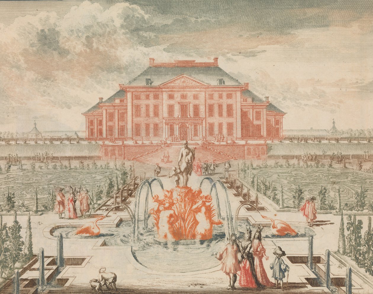 Konings Huis van de Tuin-zyde, med Venus-fontænen, i: Tooneel Der Voornaamste N..., n.d.. af Lorenz Scherm