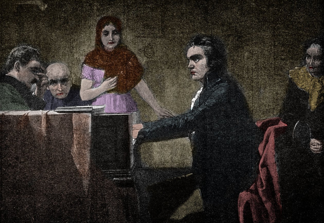 Ludwig van Beethoven spiller Moonlight-sonaten - gravering efter Lorenz Vogel - Ludwig van Beethoven (1770-1827), tysk musiker, spiller sonaten i UT-mol (Moonlight - Moonlight) efter maleriet af Lorenz Vogel (1846-1902) af Lorenz Vogel