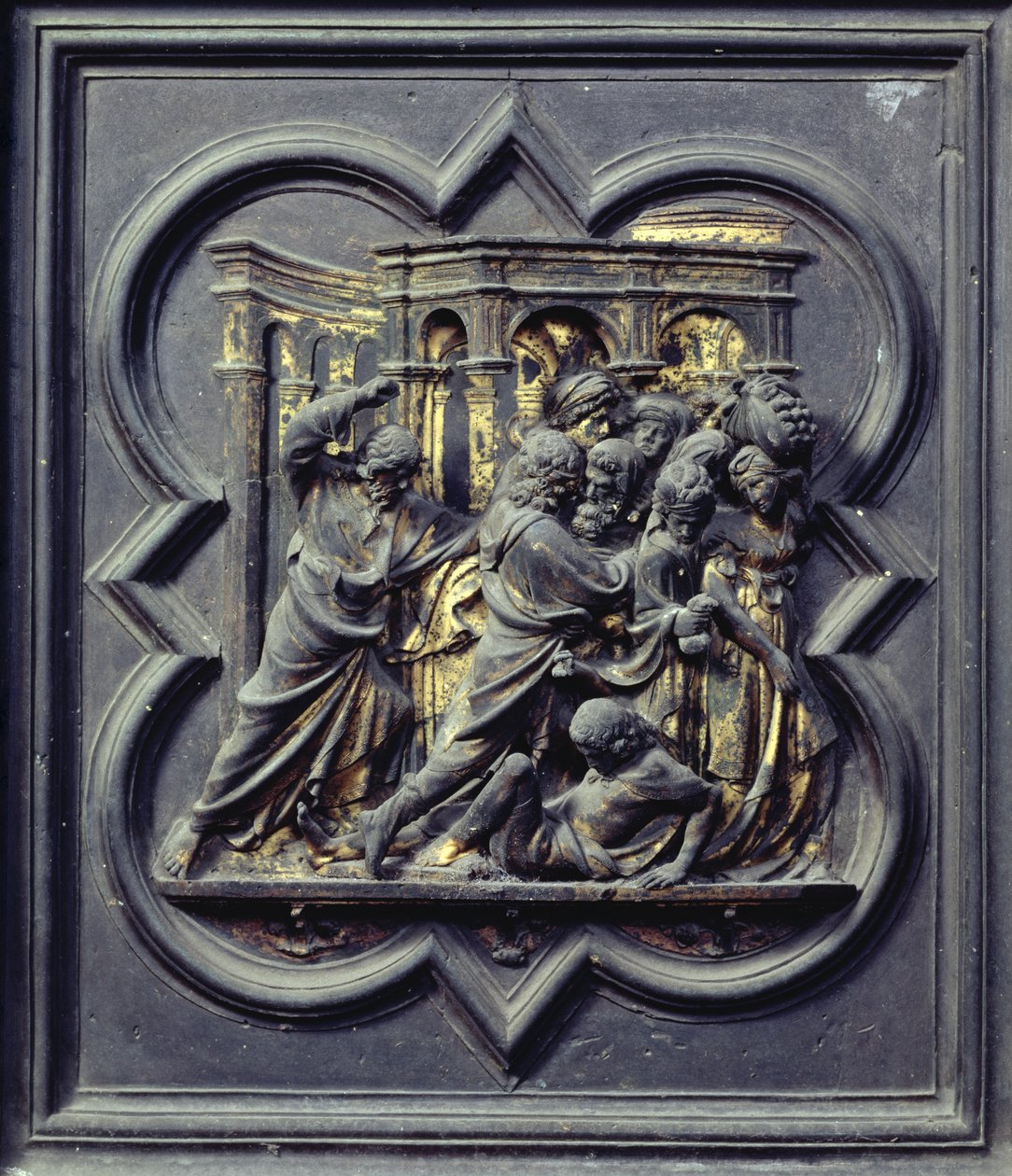 Kristus jagter købmændene fra templet, syvende panel af norddørene til dåbskapellet i San Giovanni, 1403-24 (bronze) af Lorenzo Ghiberti