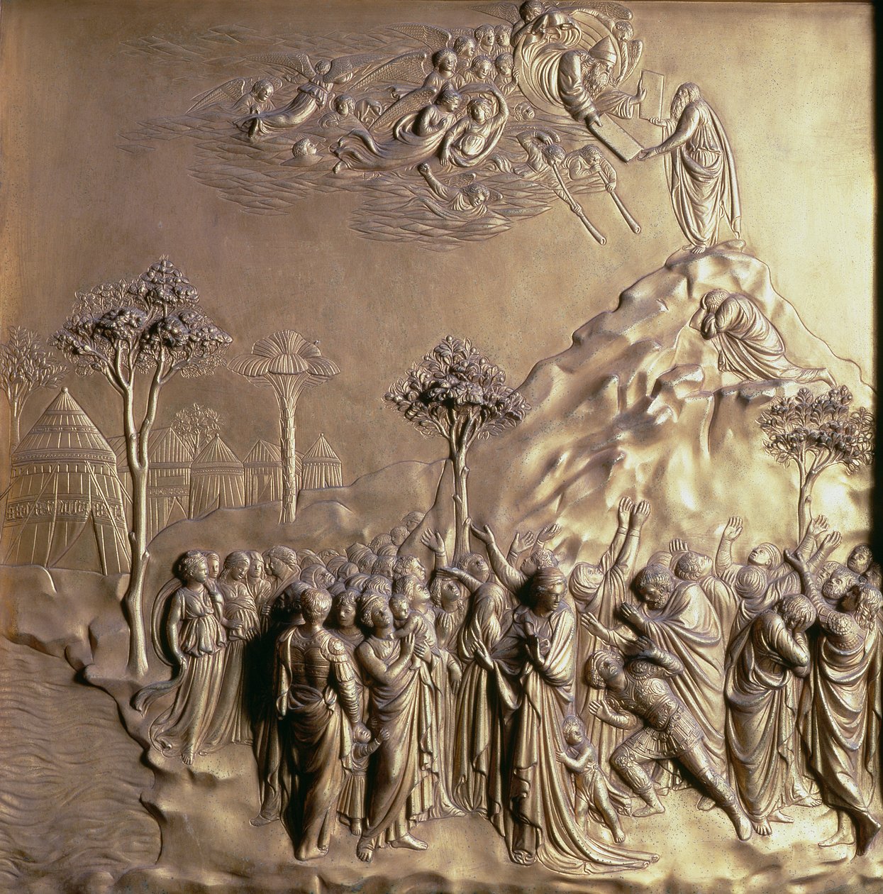 Moses modtager lovens tavler, et af ti reliefpaneler fra Paradisets porte (østlige døre), 1425-52 (forgyldt bronze) (se også 87652-57 og 87659-67) af Lorenzo Ghiberti
