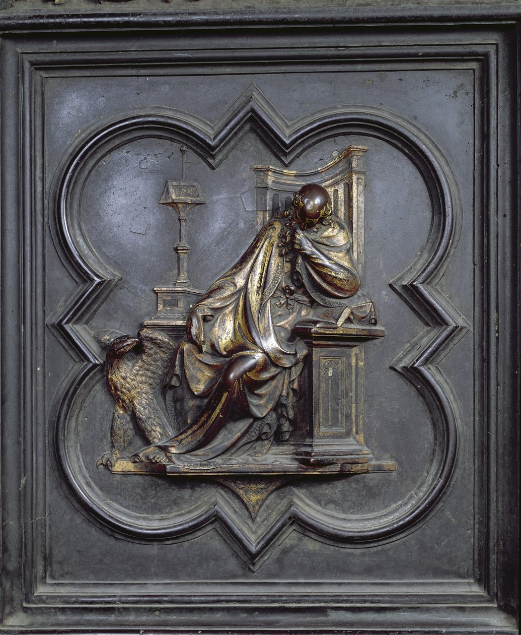 Johannes Evangelisten, panel A i norddørene i San Giovanni-døbefonten, 1403-24 (bronze) af Lorenzo Ghiberti