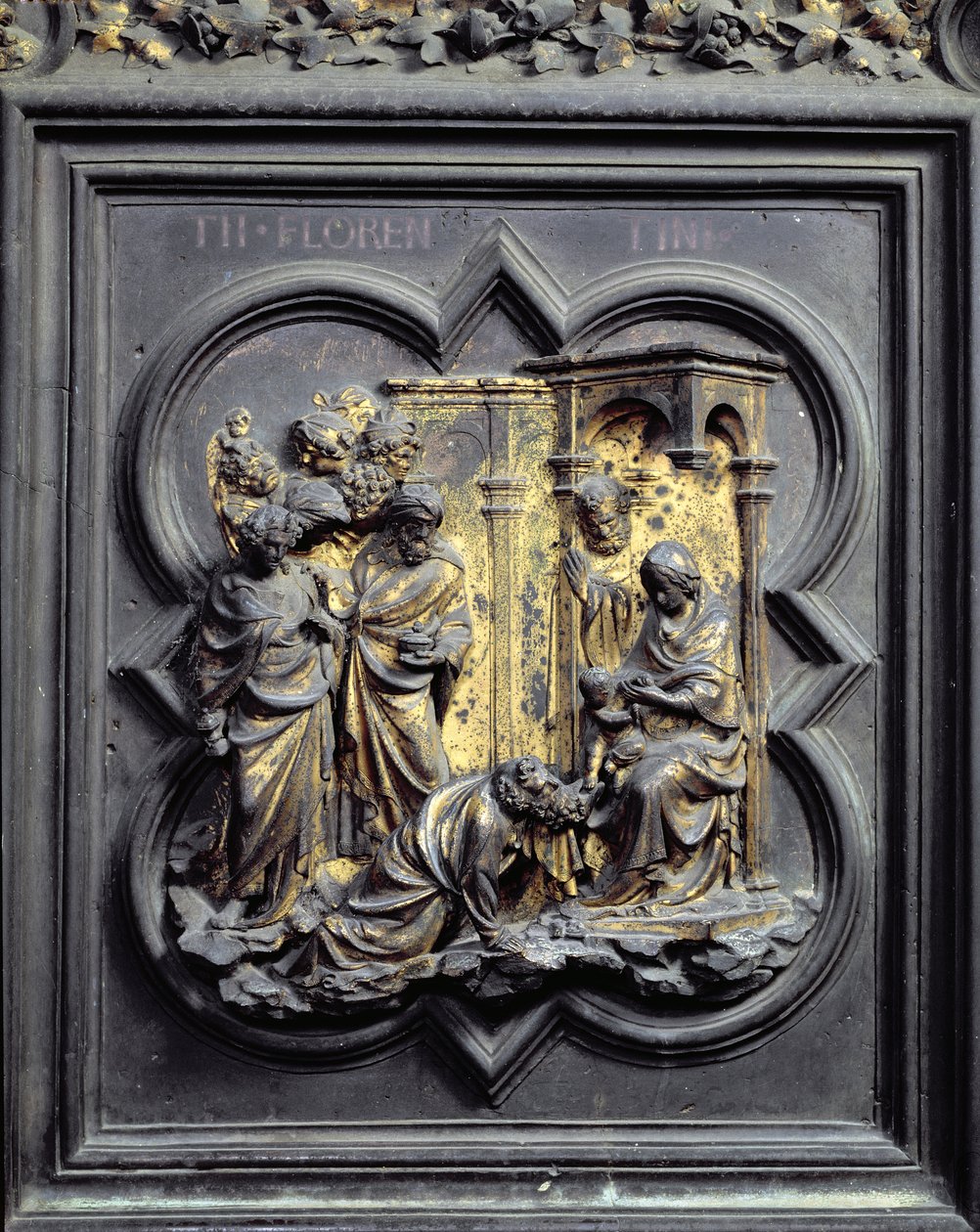 Magiernes tilbedelse, tredje panel af norddørene til dåbskapellet San Giovanni, 1403-24 (bronze) af Lorenzo Ghiberti
