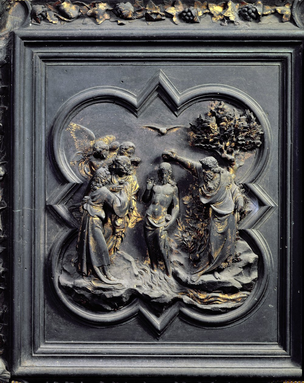 Kristi dåb, femte panel i norddørene i San Giovanni-døbefonten, 1403-24 (bronze) af Lorenzo Ghiberti