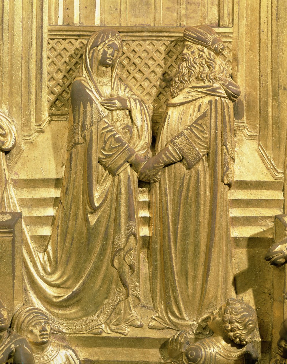 Mødet mellem kong Salomon og dronningen af Saba, detalje fra det originale panel fra dåbskapellets østdøre, 1425-52 (forgyldt bronze) (efter restaurering) af Lorenzo Ghiberti