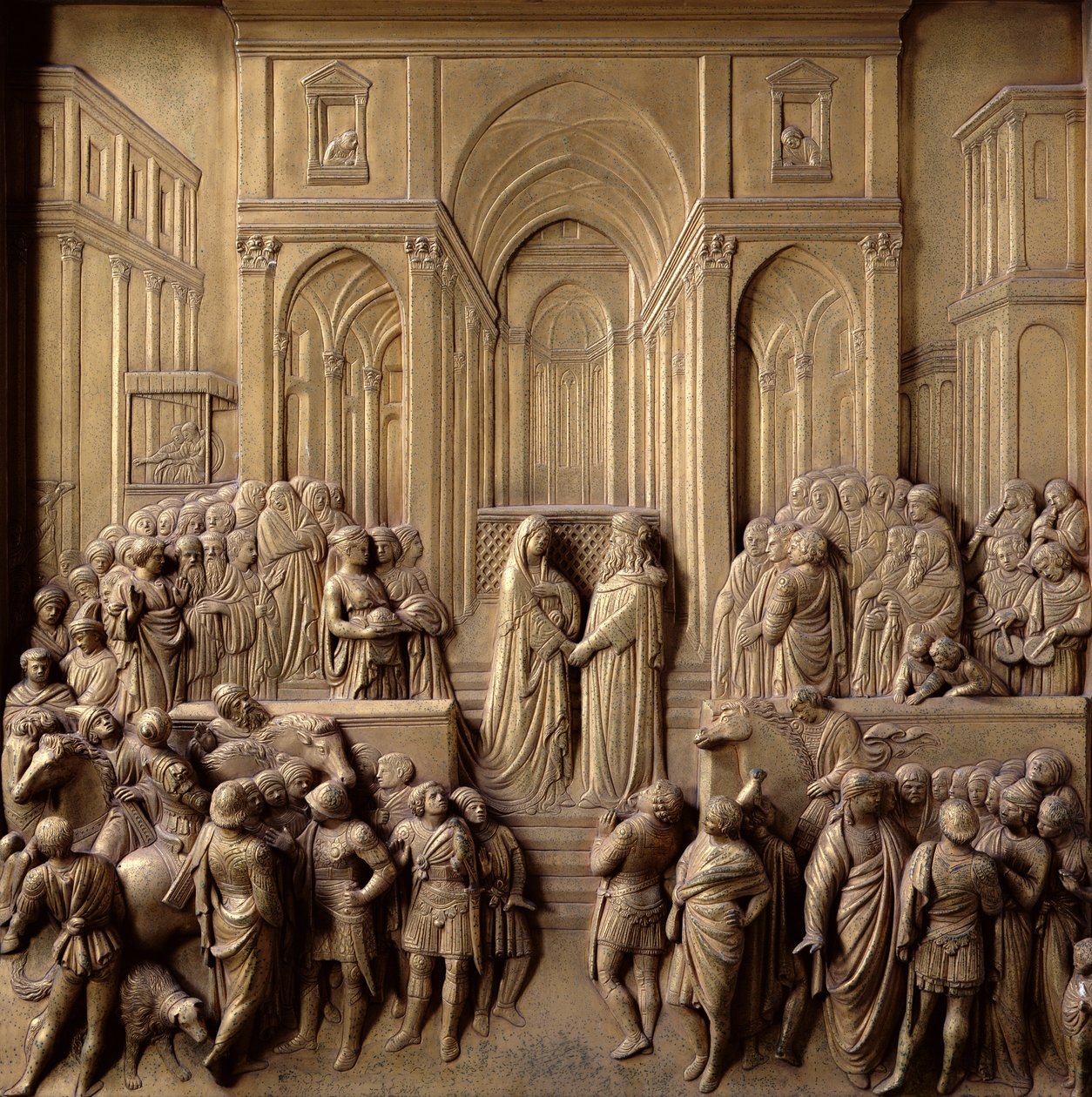 Mødet mellem kong Salomon og dronningen af Saba, et af ti reliefpaneler fra Paradisets porte (østlige døre), 1425-52 (forgyldt bronze) (se også 87652-60 og 87662-67) af Lorenzo Ghiberti