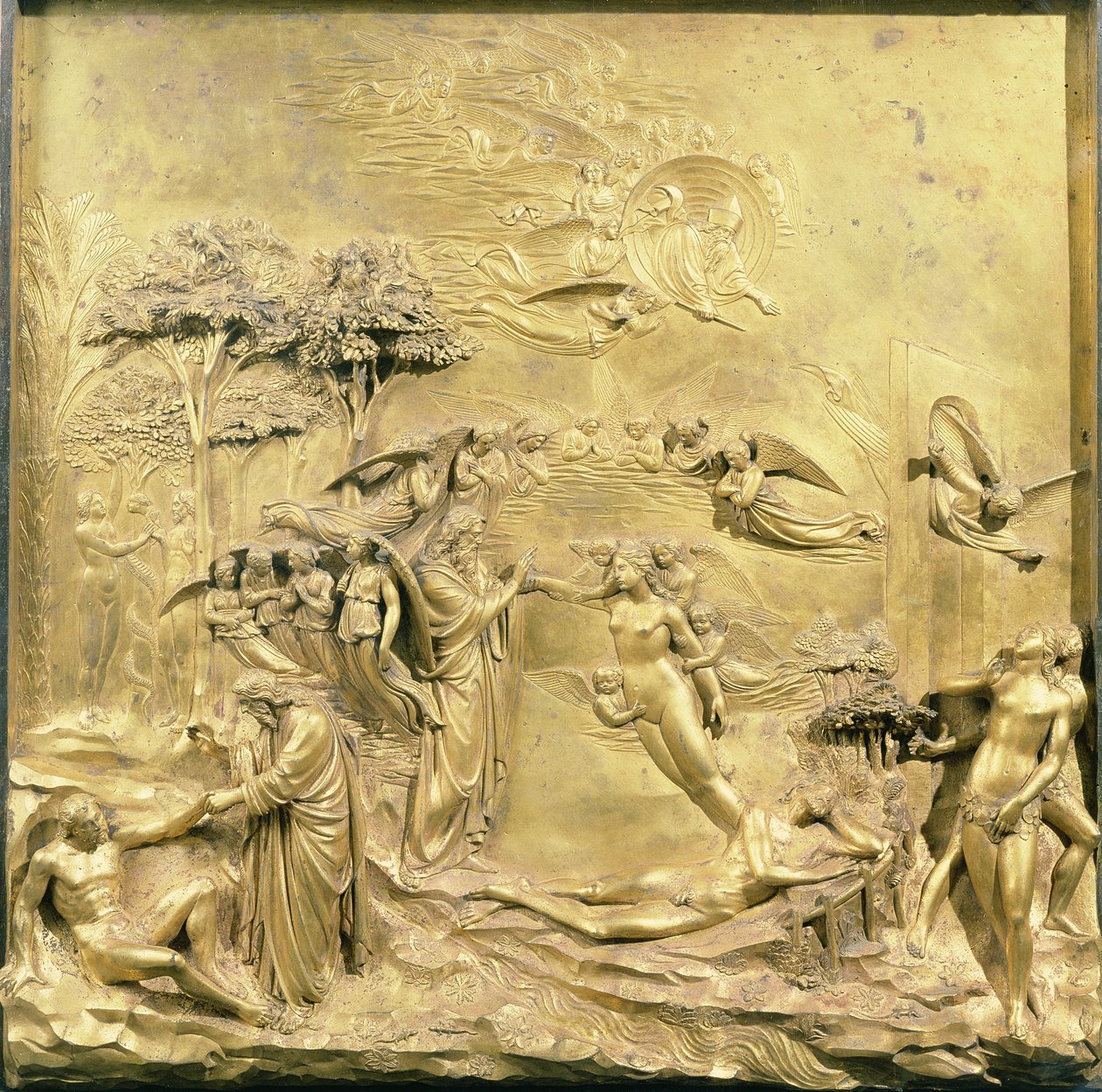 Historien om Adam, et af de originale paneler fra dåbskapellets østdøre, 1425-52 (forgyldt bronze) (efter restaurering) af Lorenzo Ghiberti