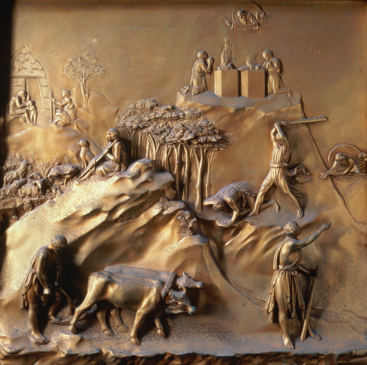 The Story of Cain and Abel: The Sacrifice, The Murder of Abel and God Banishing Cain, et af ti reliefpaneler fra Gates of Paradise (østlige døre), 1425-52 (forgyldt bronze) (se også 87652 og 87654-67 af Lorenzo Ghiberti