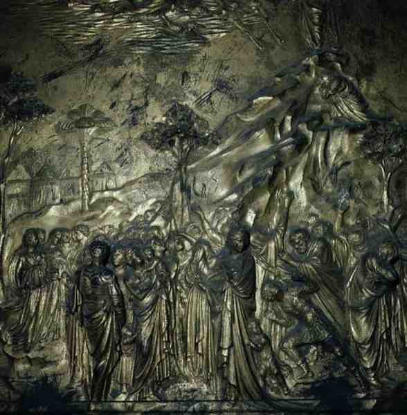 Historien om Moses på Sinai-bjerget, detalje fra Paradisets døre, 1425-52 (bronze) af Lorenzo Ghiberti