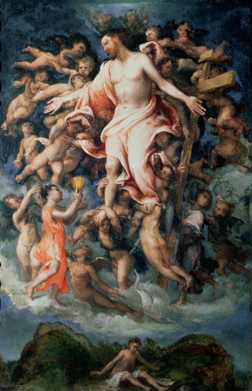 Engel indsamler blod fra Kristi sår, 1543 (panel) af Lorenzo Lotto