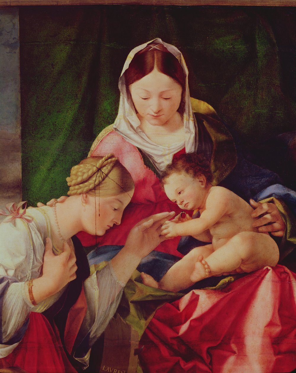 Detalje af Saint Catherines mystiske ægteskab olie på panel af Lorenzo Lotto