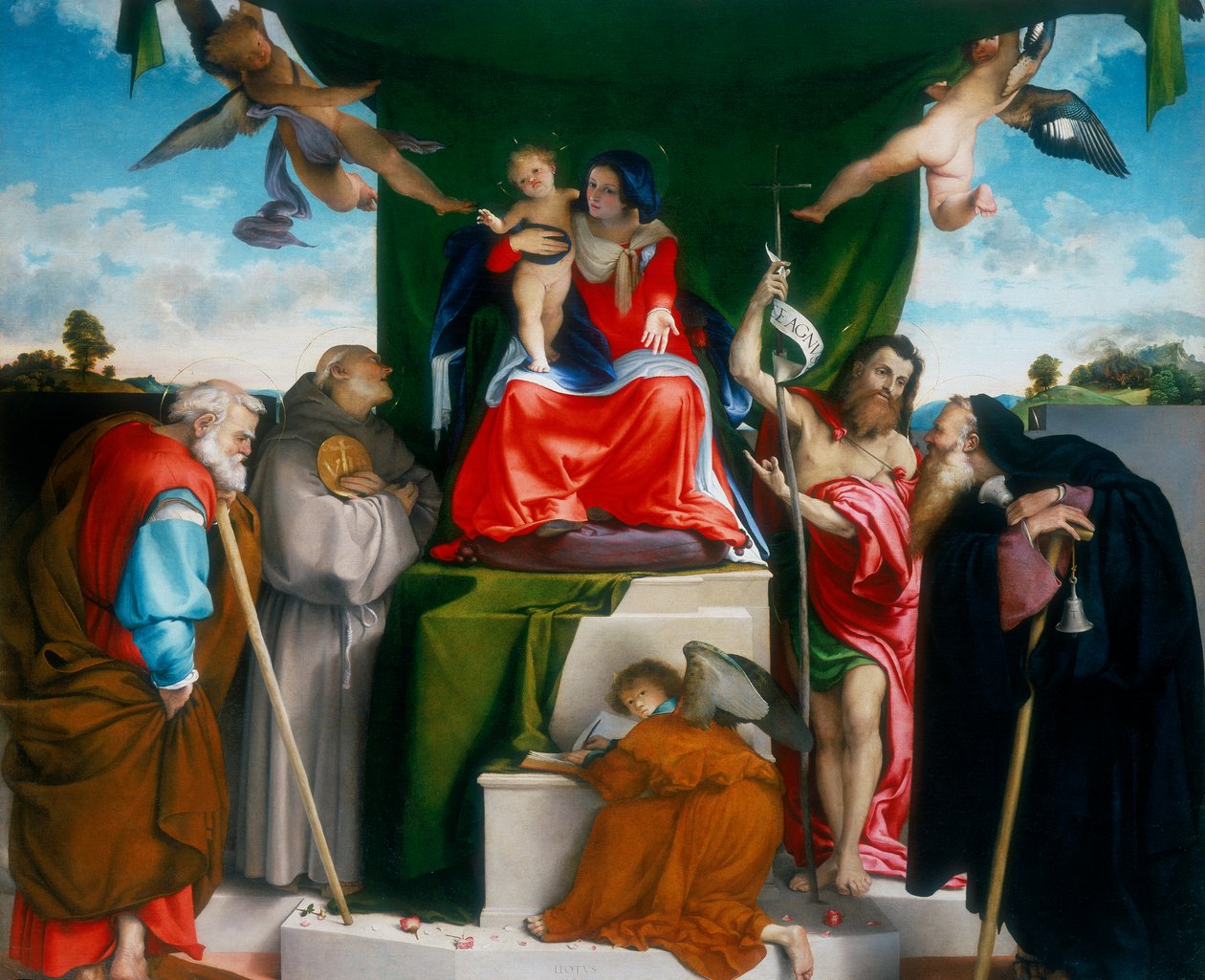 Madonna og barn troner med engle og helgener, 1521 af Lorenzo Lotto